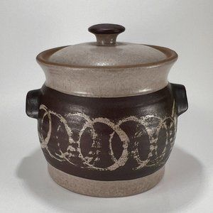 Vtg Studio Pottery Dish Pot Crock Stoneware Handles Lidded Earth Tones Rustic
